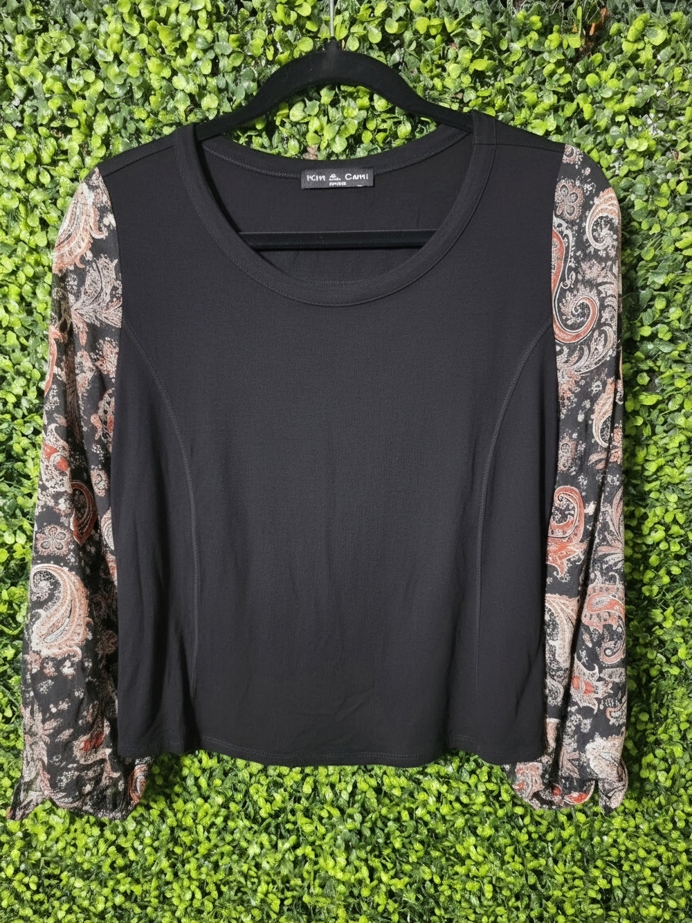 Kim & Cami Black Top with Paisley-Print Coral and Cream Sleeves